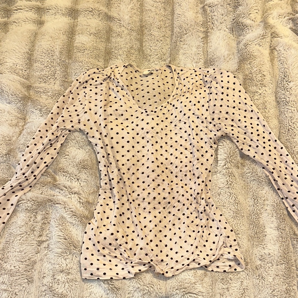 100% Silk Cream and Black Polka Dot Long Sleeve Top